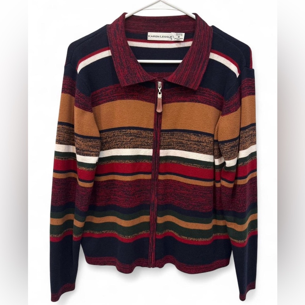 Vintage Karen Lessly Full Zip Knit Striped Cardigan Sweater Medium Collared 90's